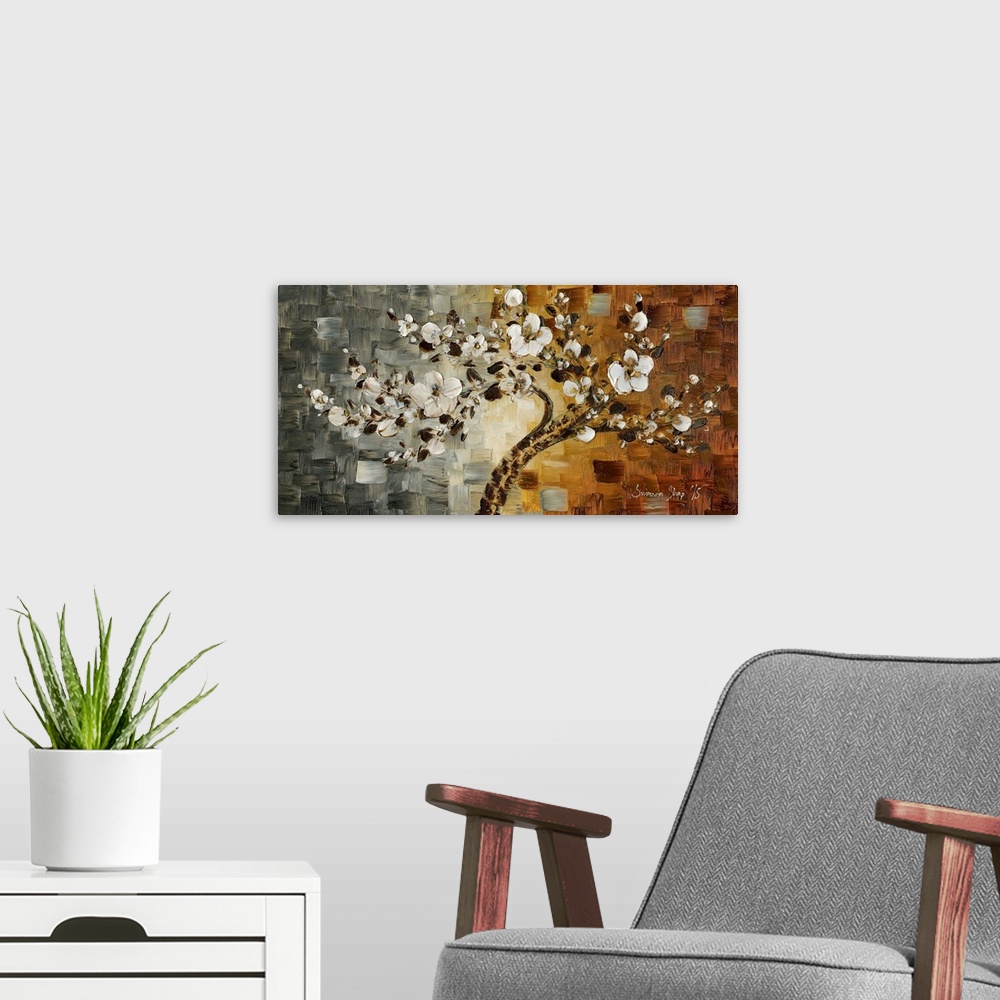A modern room featuring Contemporary painting of a white blossom cherry tree on a textured background created with gray, ...