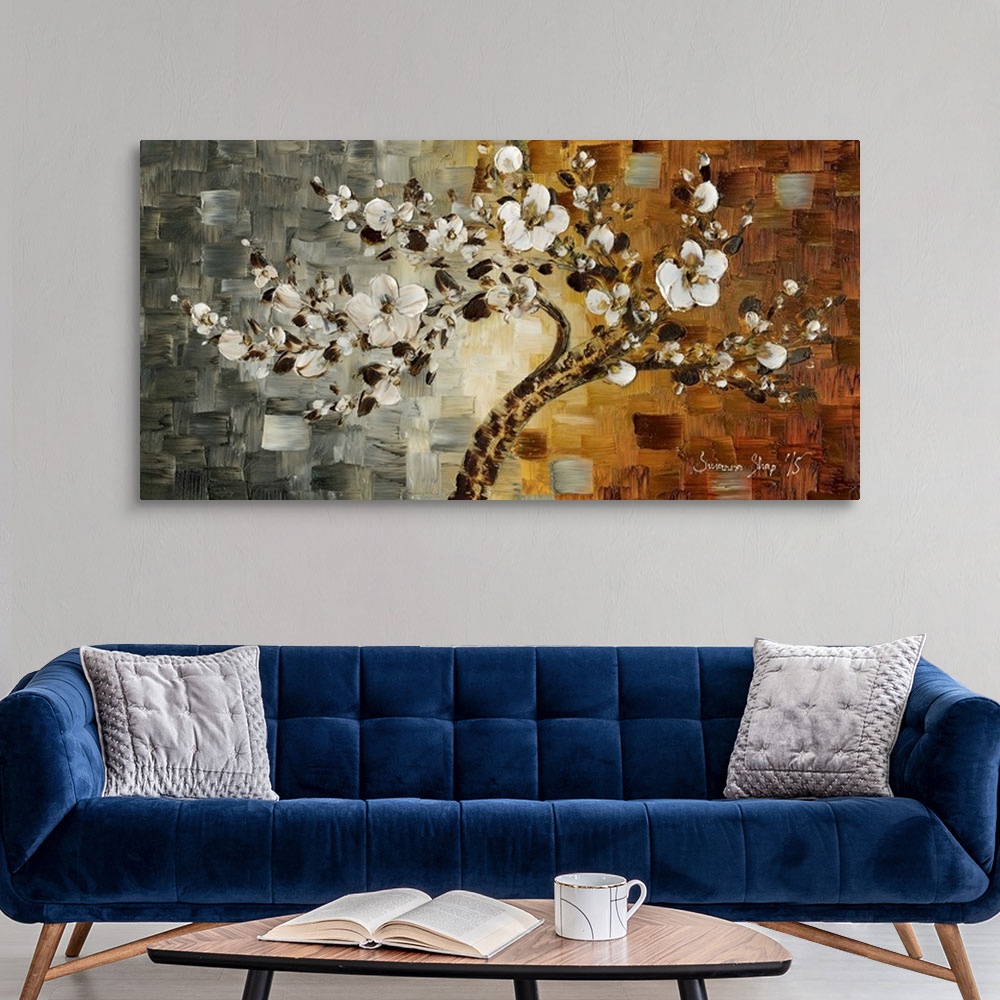 A modern room featuring Contemporary painting of a white blossom cherry tree on a textured background created with gray, ...