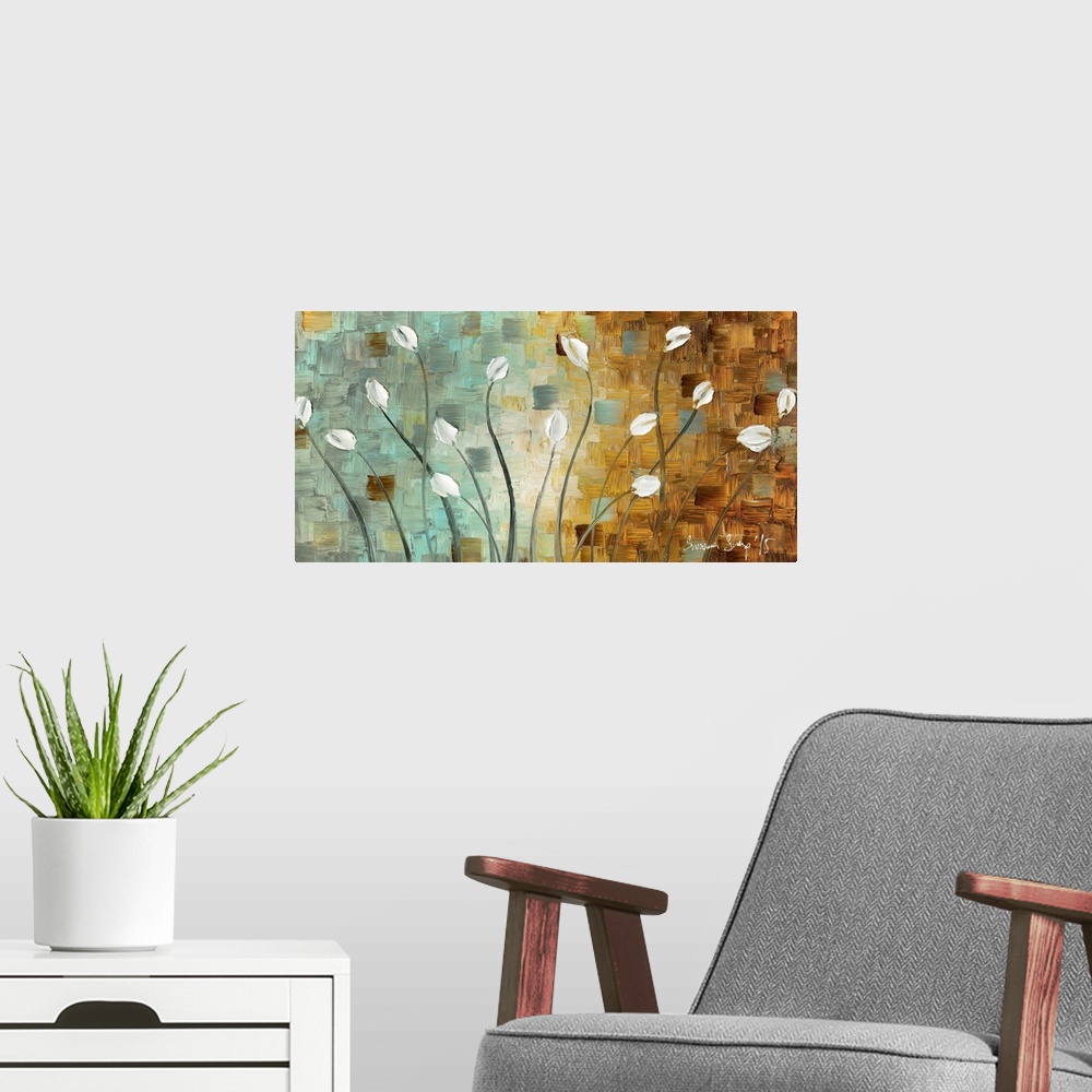 A modern room featuring Contemporary painting of white tulips with long stems on a textured background created with blue,...