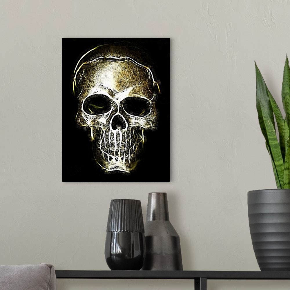 A modern room featuring Black, gold, and white digital illustration of a skull with woven detailed textures.