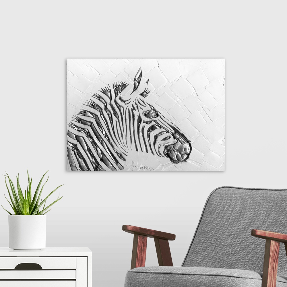 A modern room featuring Contemporary painting of a silver zebra on a white background with palette knife textures.