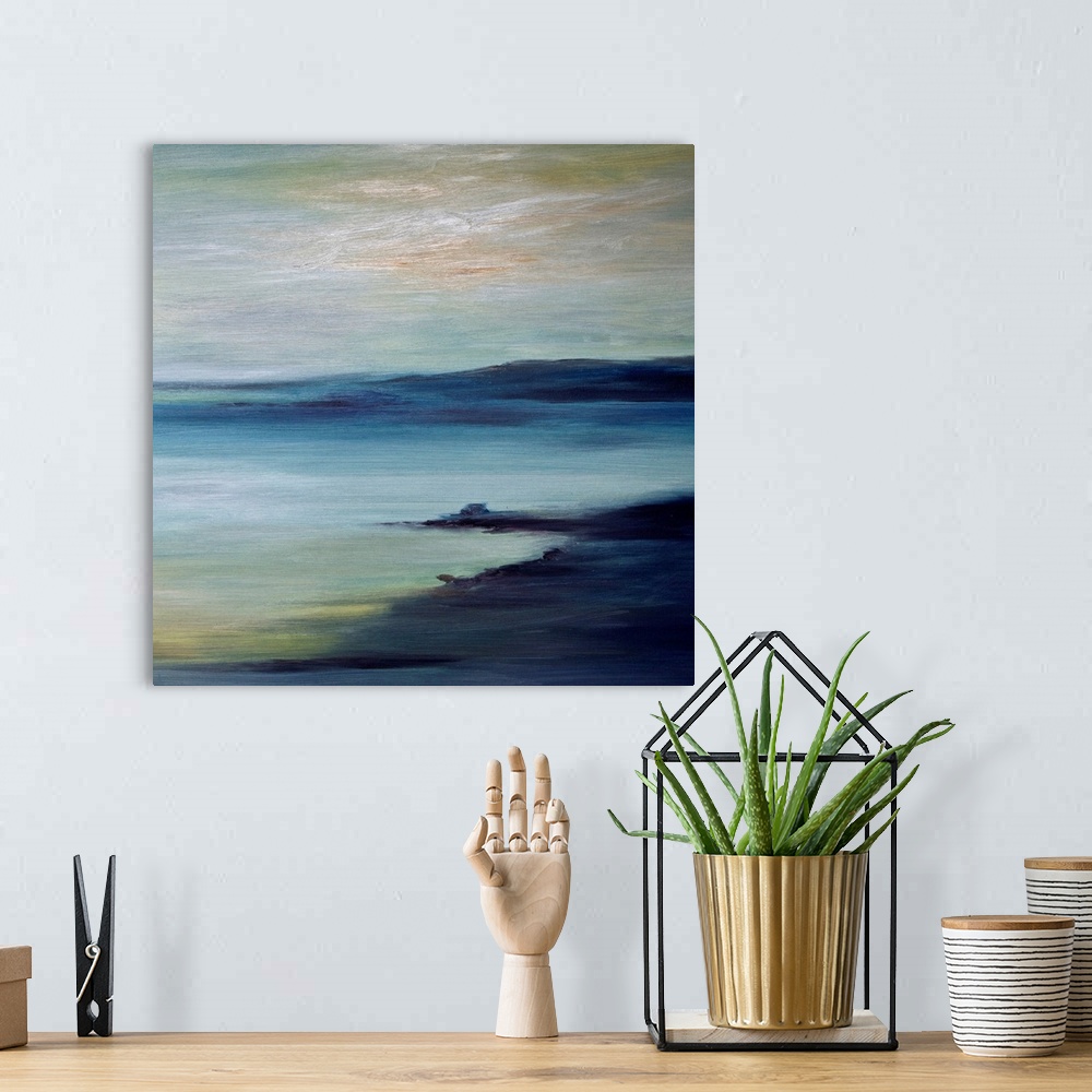 A bohemian room featuring A large piece of contemporary artwork of a painted coast with land protruding into the water in t...