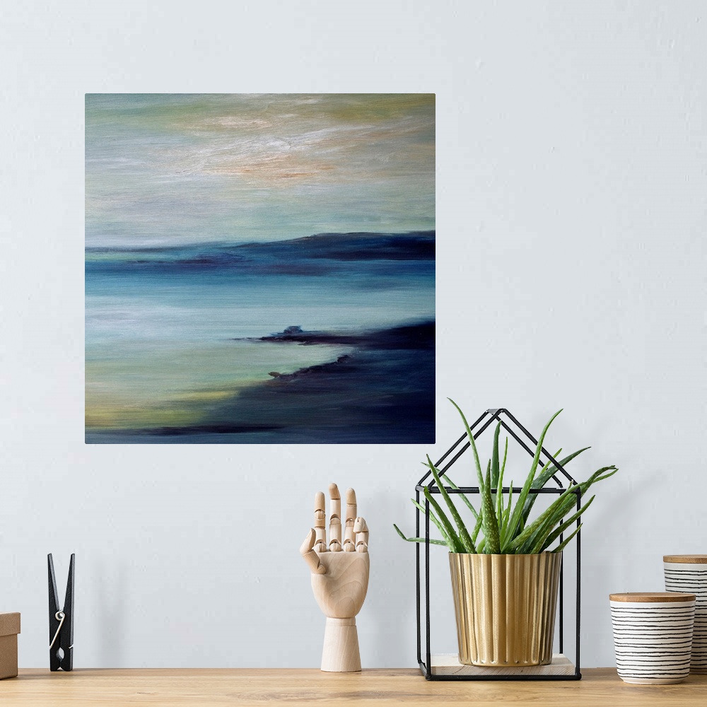 A bohemian room featuring A large piece of contemporary artwork of a painted coast with land protruding into the water in t...