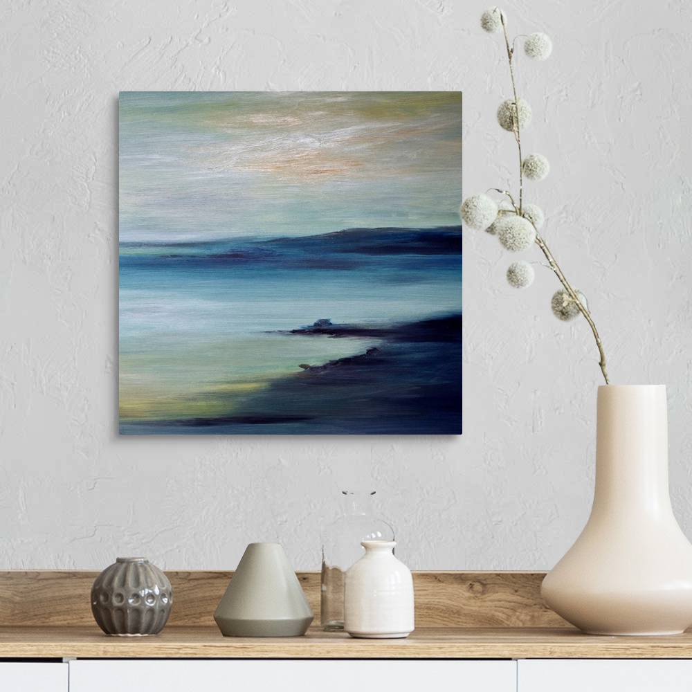 A farmhouse room featuring A large piece of contemporary artwork of a painted coast with land protruding into the water in t...