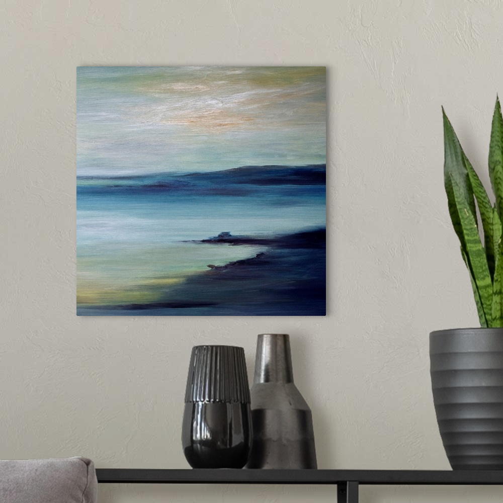A modern room featuring A large piece of contemporary artwork of a painted coast with land protruding into the water in t...