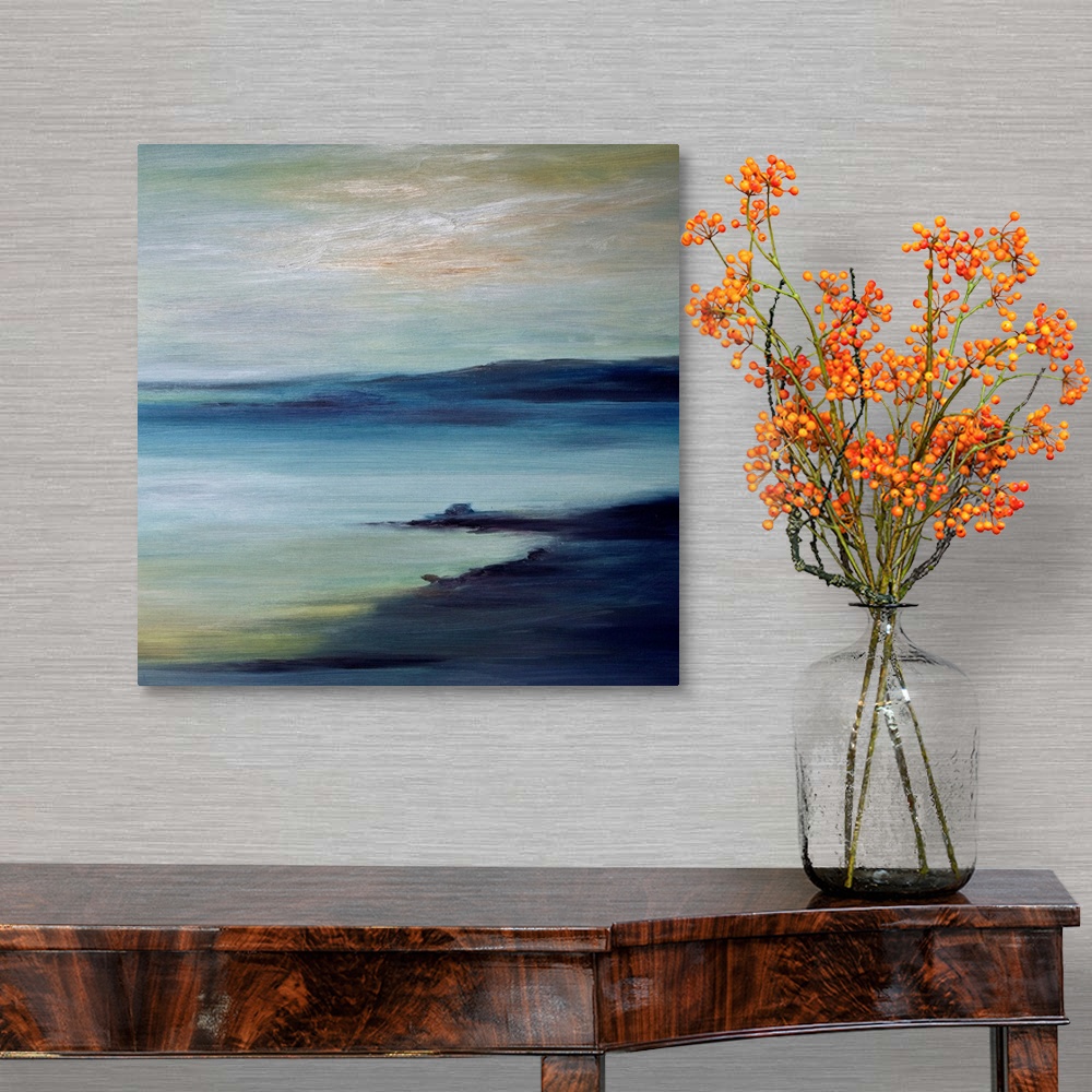 A traditional room featuring A large piece of contemporary artwork of a painted coast with land protruding into the water in t...
