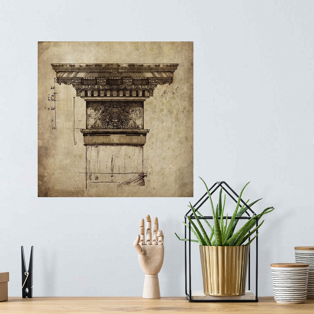 A bohemian room featuring Contemporary artwork of an architectural drawing, in a weathered and rustic style.