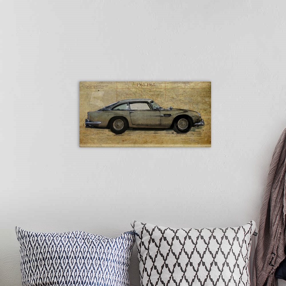 A bohemian room featuring Contemporary artwork of a vintage race car in profile. On a weathered and rustic background.