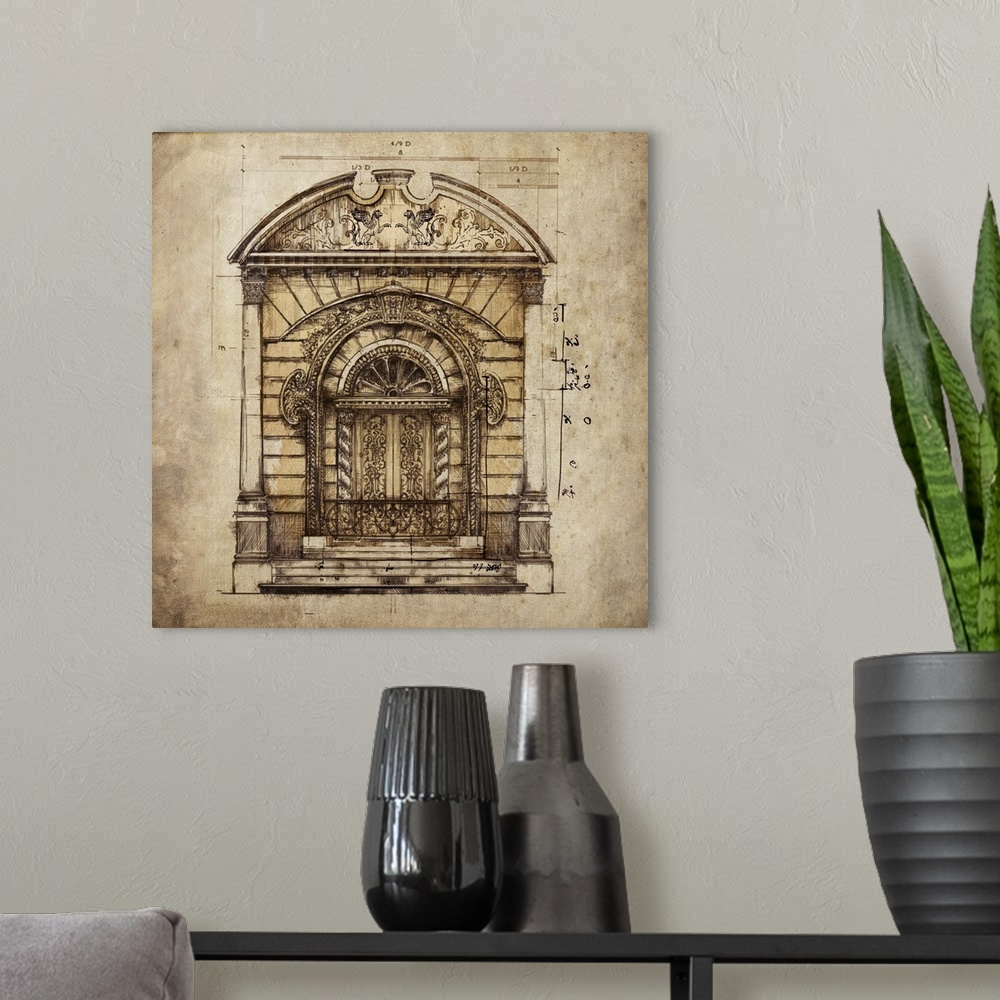 A modern room featuring Contemporary artwork of an architectural drawing, in a weathered and rustic style.