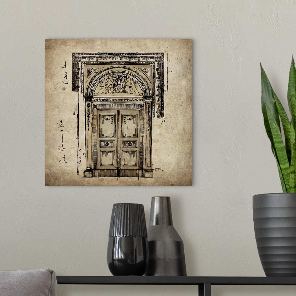 A modern room featuring Contemporary artwork of an architectural drawing, in a weathered and rustic style.