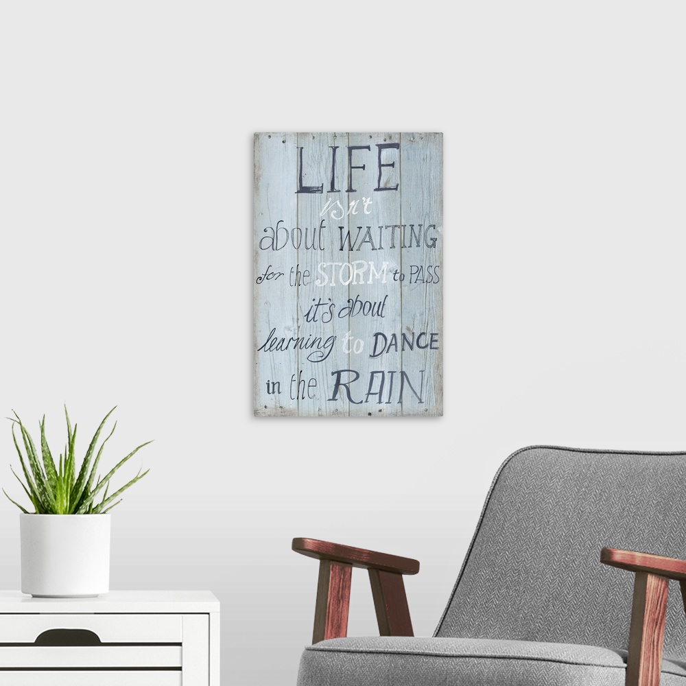 A modern room featuring Contemporary artwork of an inspirational quote on a textured wood plank background.