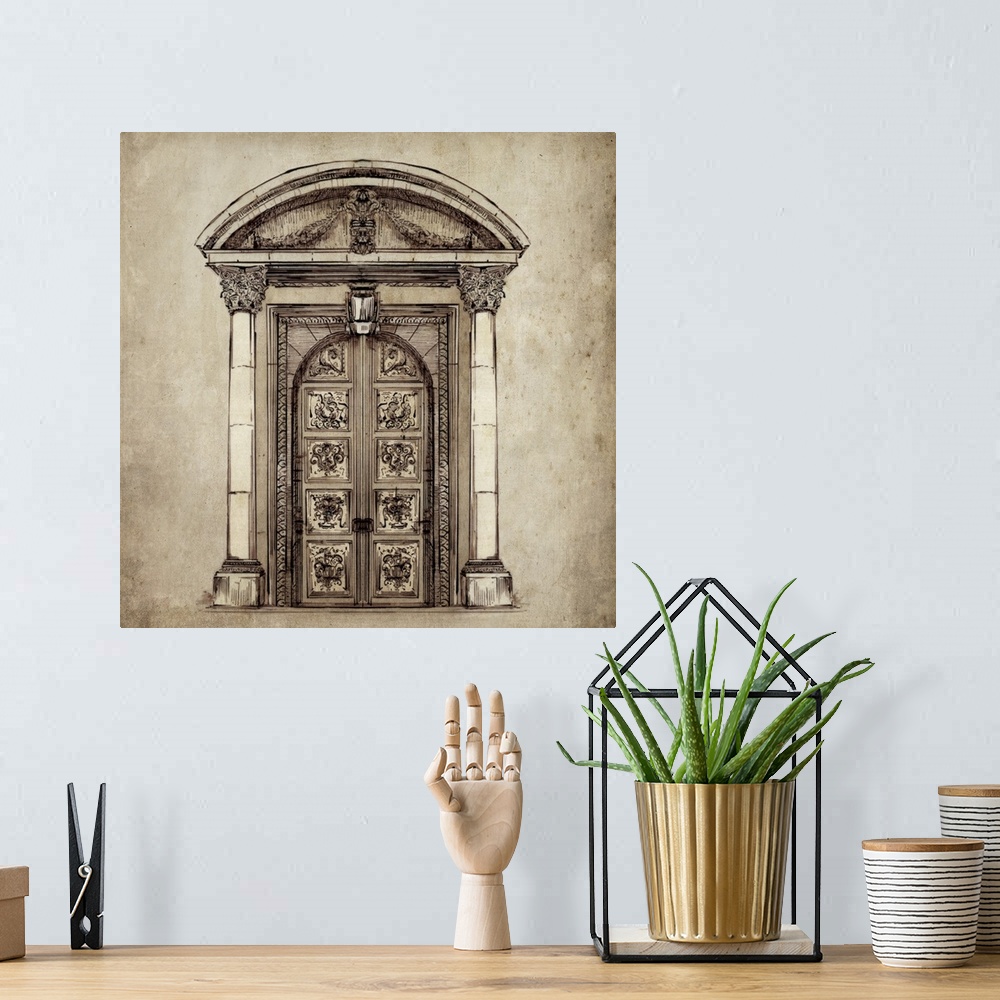 A bohemian room featuring Contemporary artwork of an architectural drawing, in a weathered and rustic style.