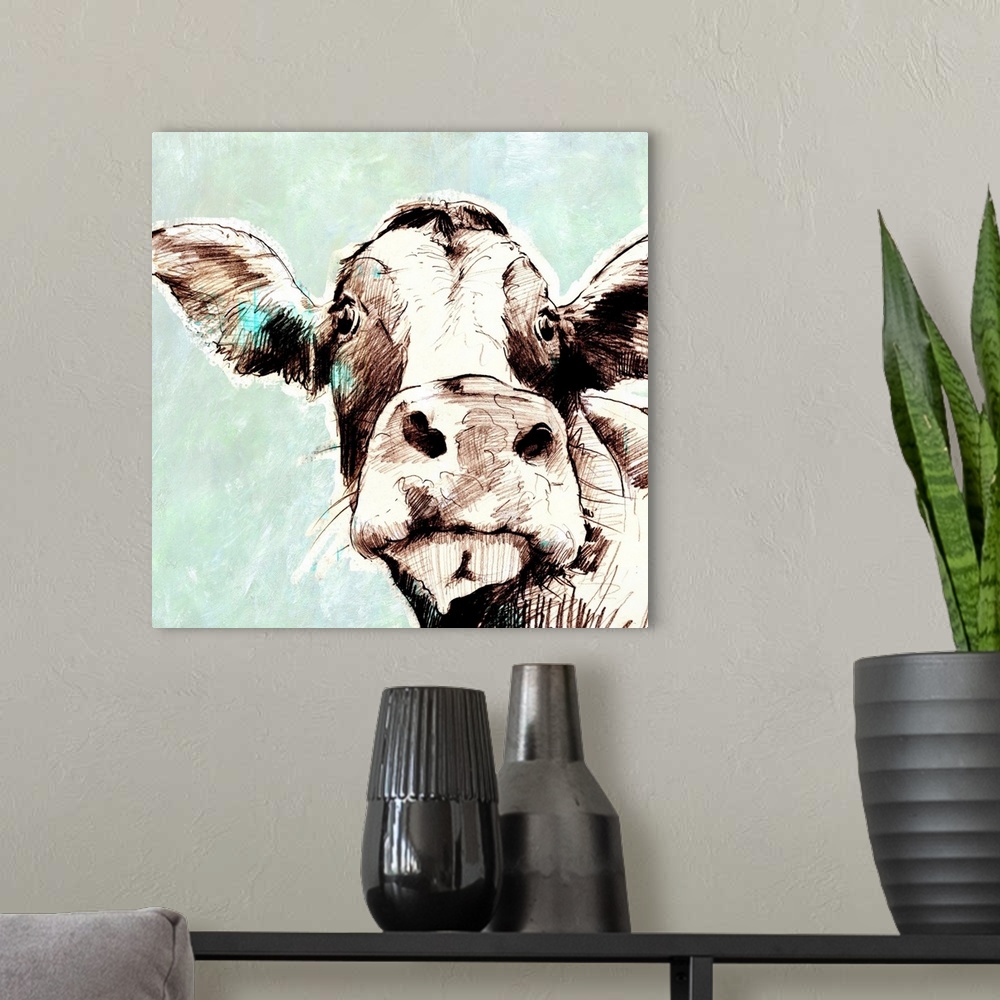 A modern room featuring Contemporary artwork of a cow against a muted pale blue background.