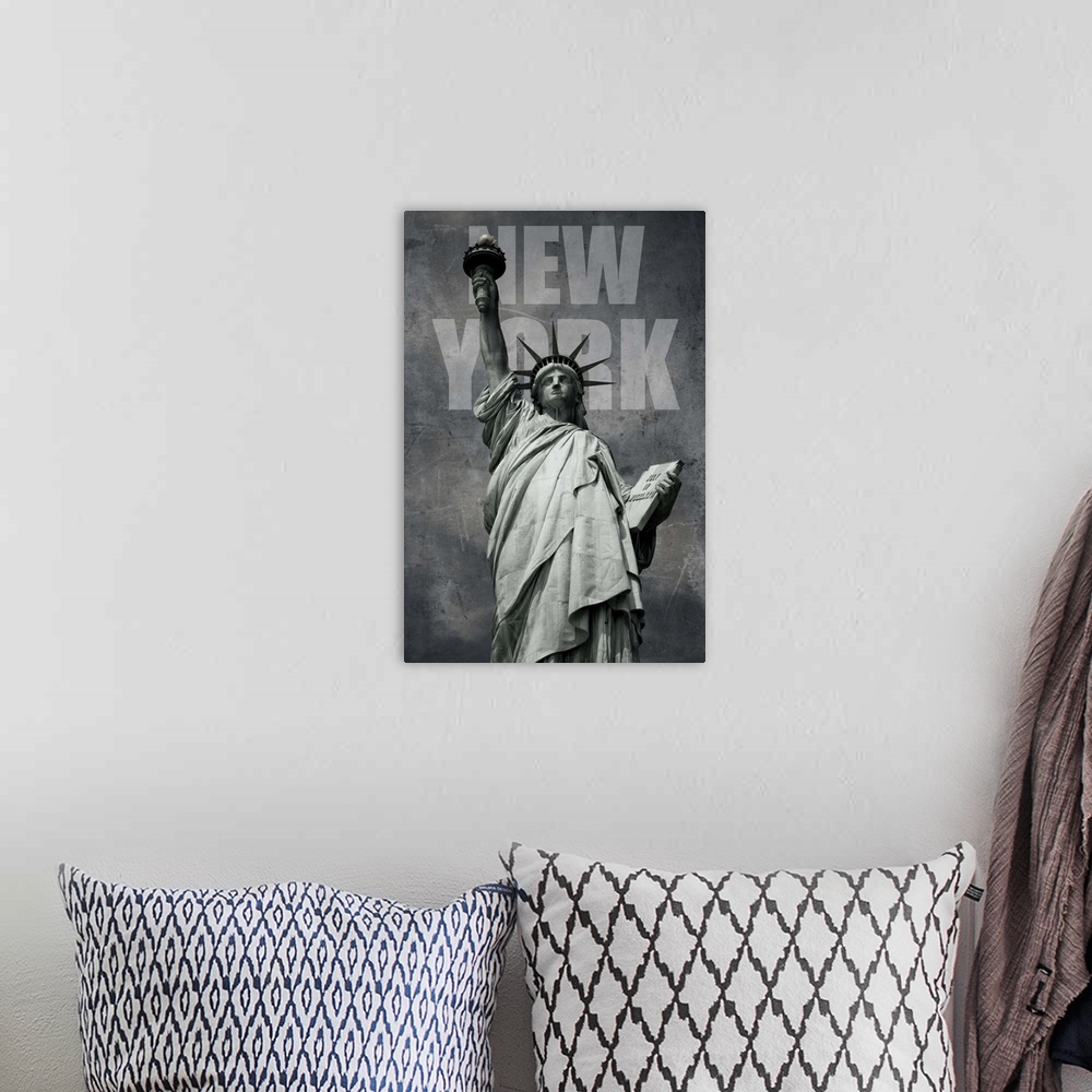 A bohemian room featuring Contemporary artwork of the Statue of Liberty on a dark stressed looking background.