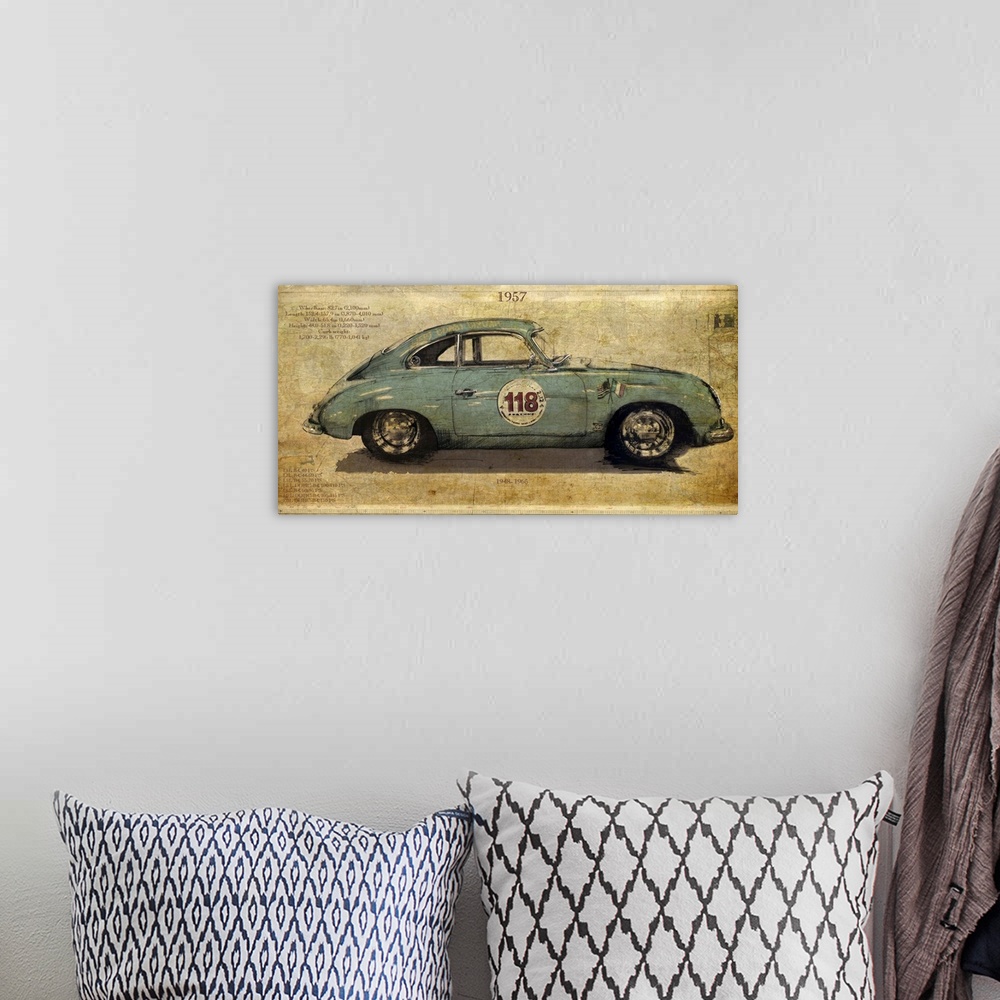 A bohemian room featuring Contemporary artwork of a vintage race car in profile. On a weathered and rustic background.