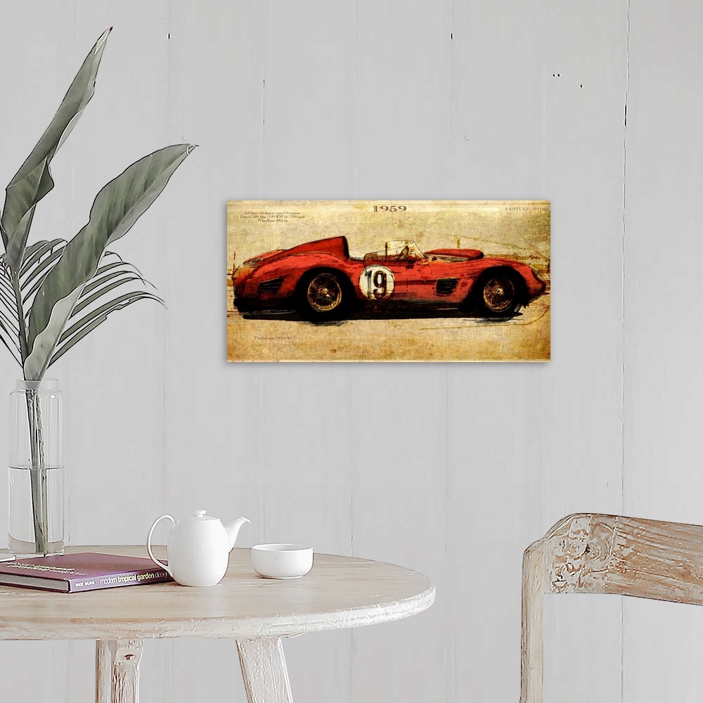 A farmhouse room featuring Contemporary artwork of a vintage race car in profile. On a weathered and rustic background.