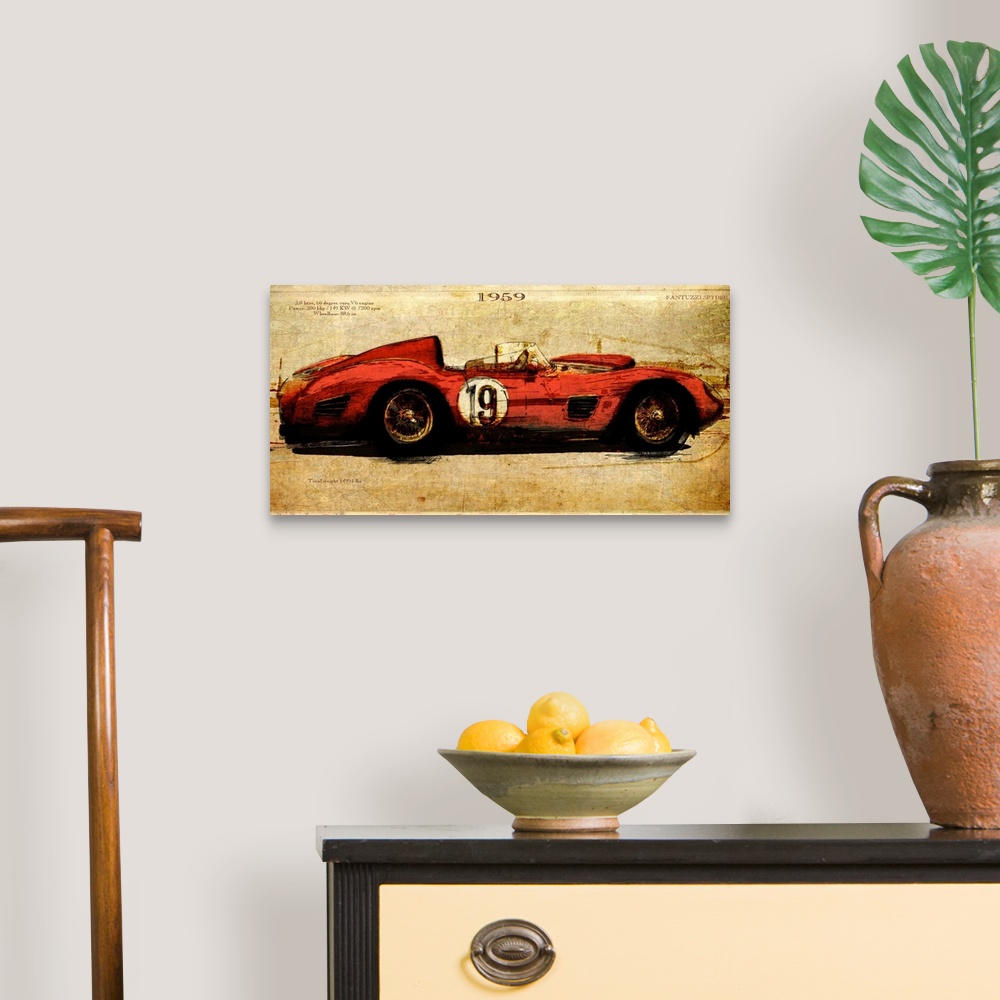 A traditional room featuring Contemporary artwork of a vintage race car in profile. On a weathered and rustic background.