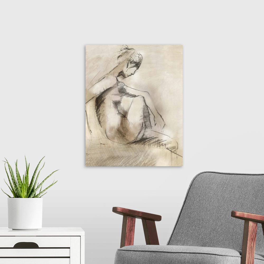 A modern room featuring Contemporary drawing of a female nude profile, in a seated position.