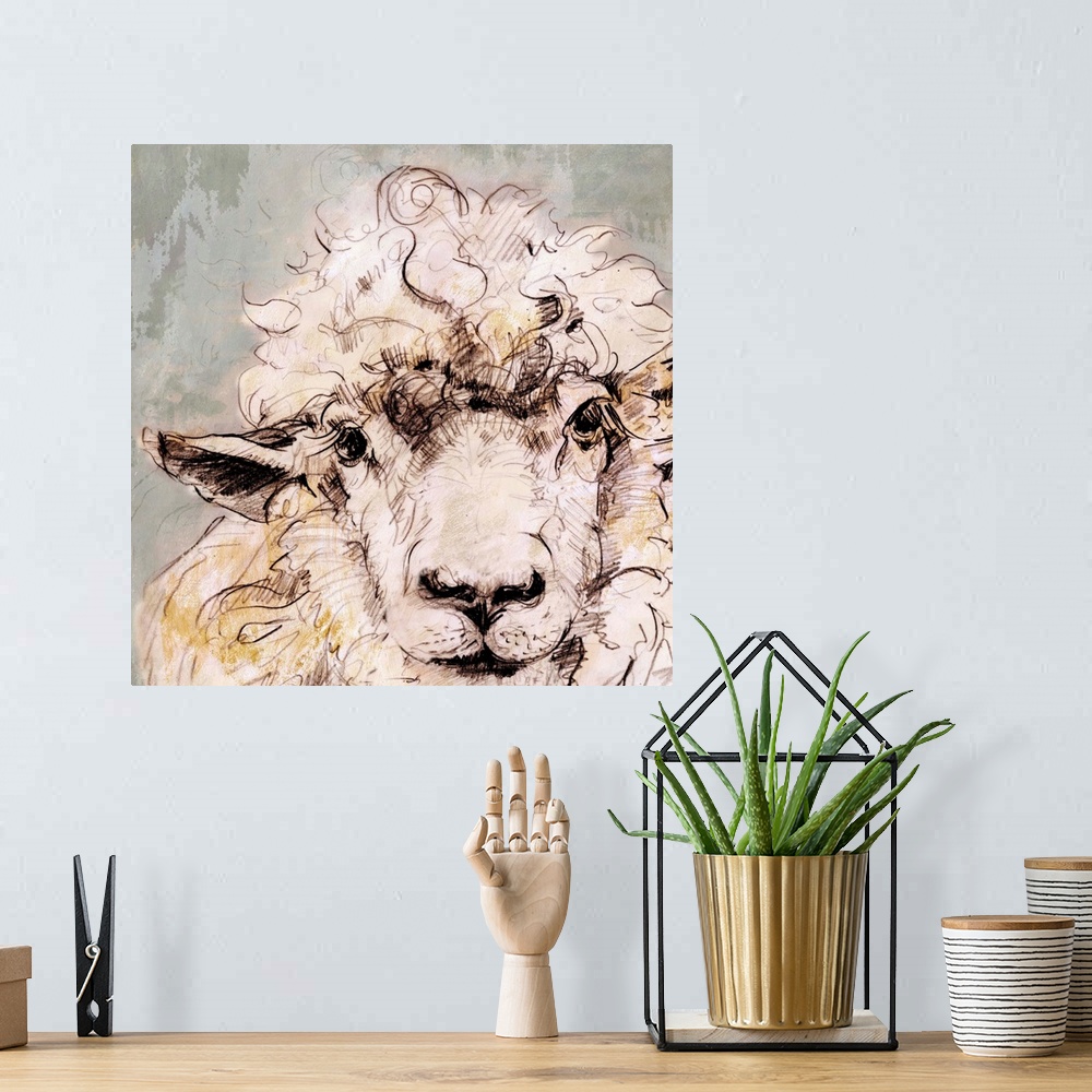 A bohemian room featuring Contemporary artwork of a sheep against a muted pale gray background.
