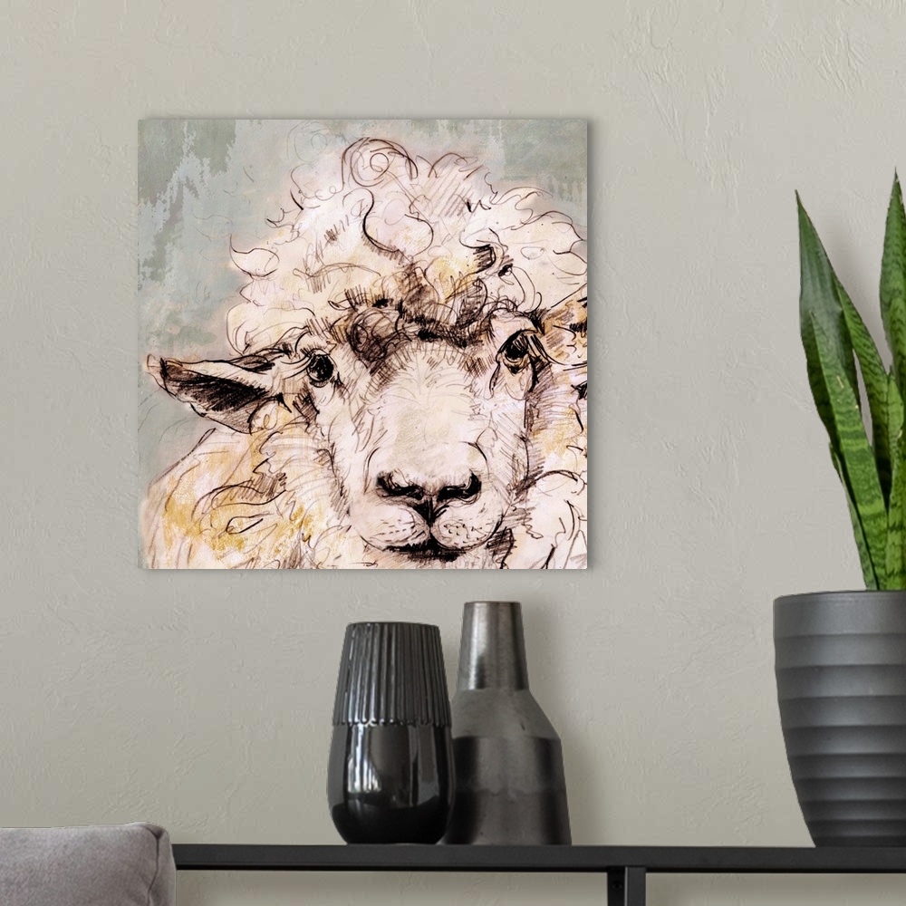 A modern room featuring Contemporary artwork of a sheep against a muted pale gray background.
