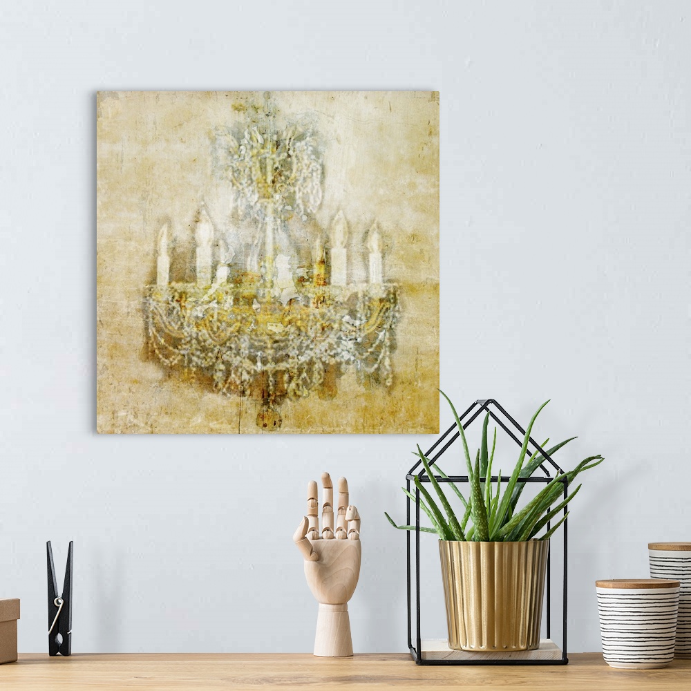 A bohemian room featuring Contemporary artwork of a vintage looking chandelier, on a stressed and rustic looking background.