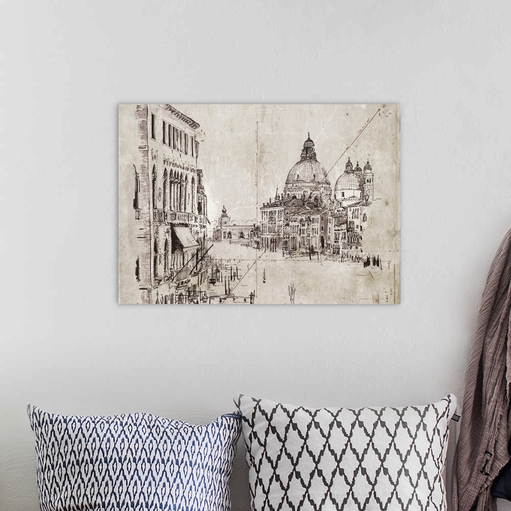 A bohemian room featuring A contemporary sketch of a canal in Venice looking toward a cathedral.