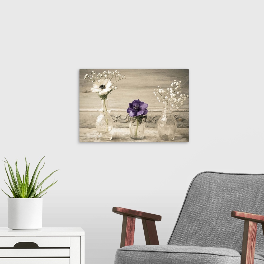 A modern room featuring Photograph of different flowers in a small glass vases, against a vintage wall.
