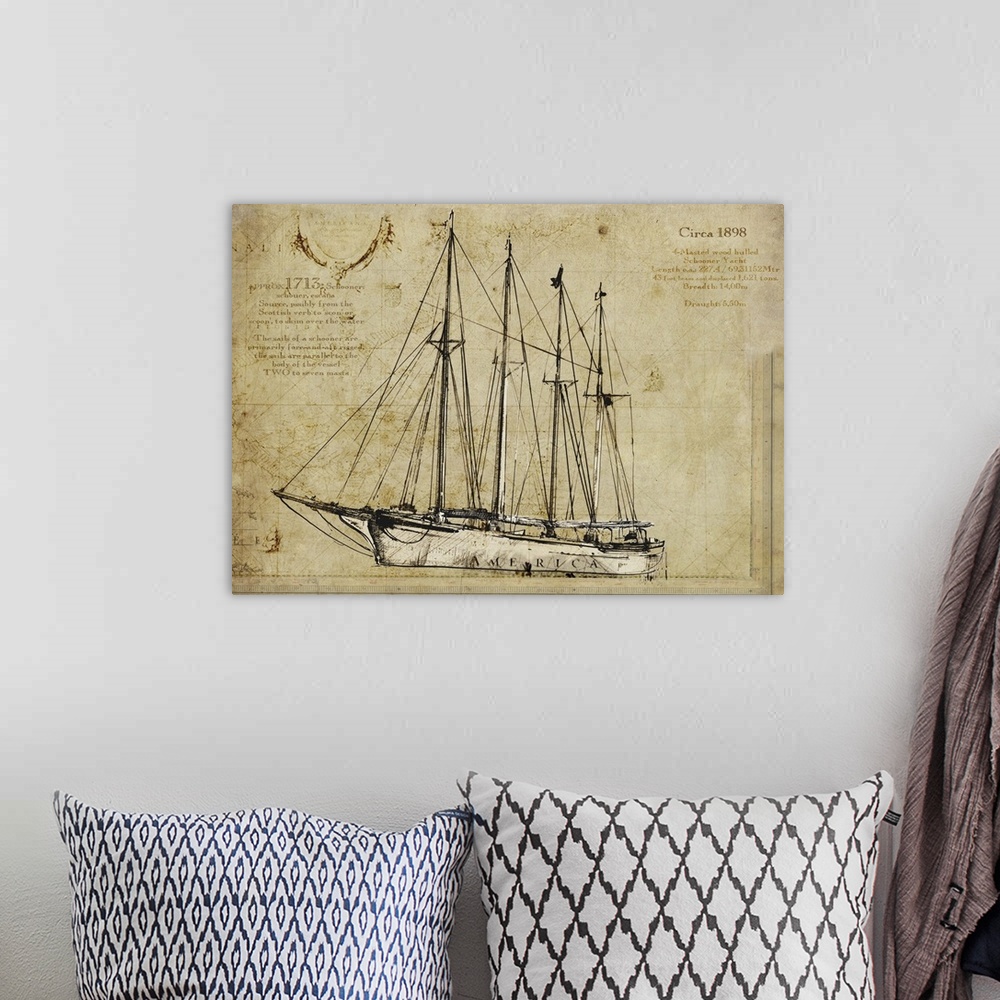 A bohemian room featuring Contemporary artwork of a vintage looking drawing of a yacht.