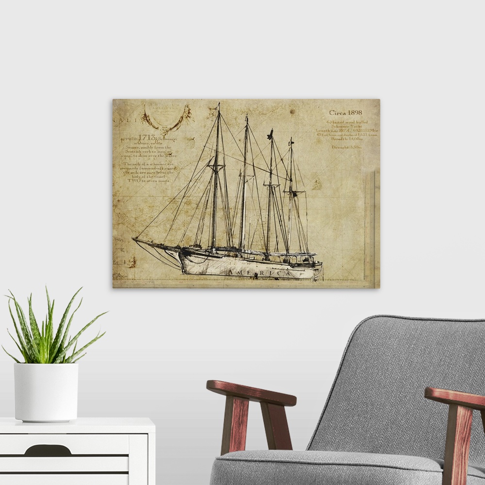 A modern room featuring Contemporary artwork of a vintage looking drawing of a yacht.