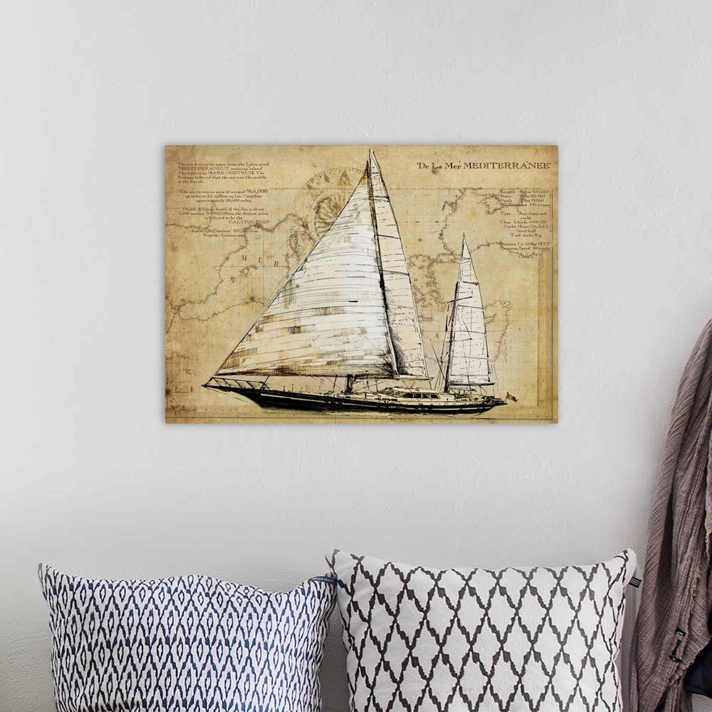A bohemian room featuring Contemporary artwork of a vintage looking drawing of a yacht. With a background of a map.