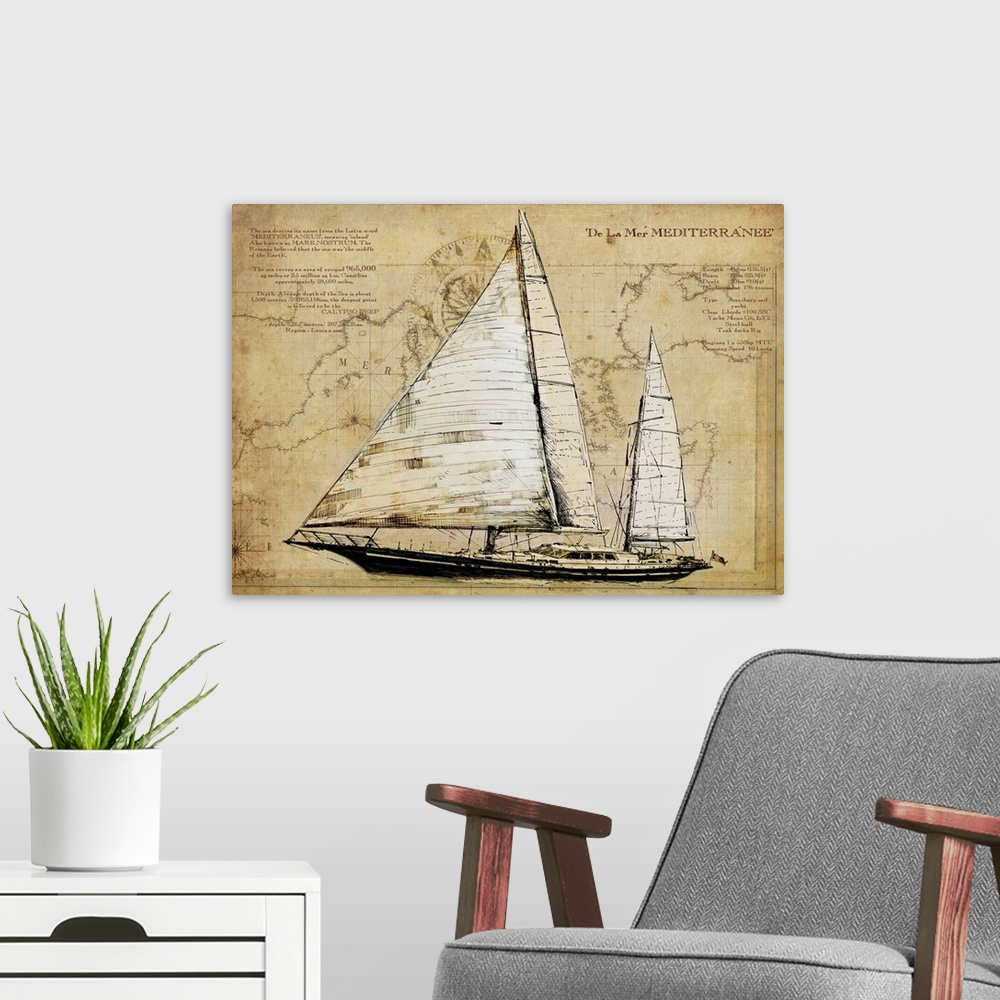 A modern room featuring Contemporary artwork of a vintage looking drawing of a yacht. With a background of a map.