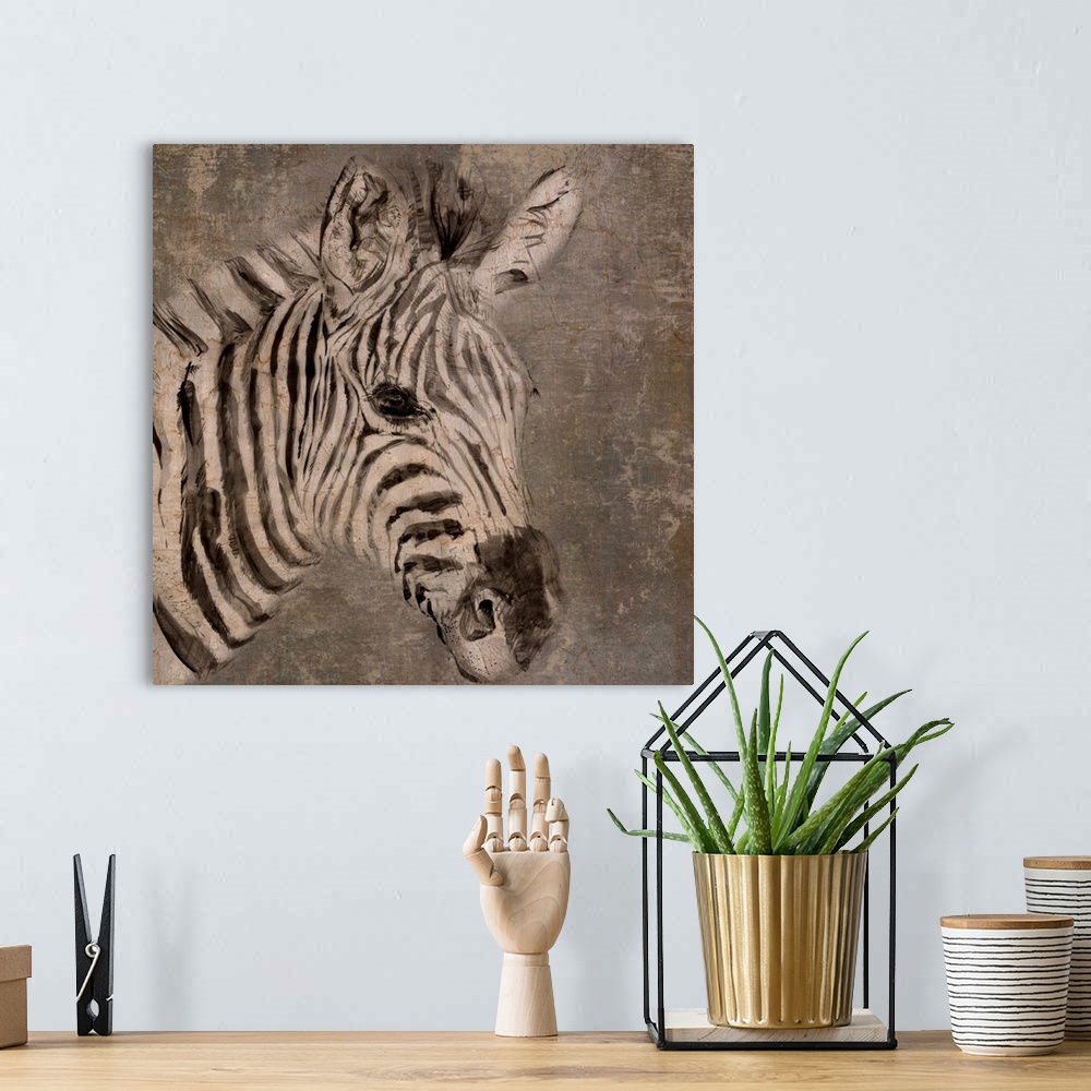 A bohemian room featuring Contemporary artwork of a zebra against a brown textured surface.