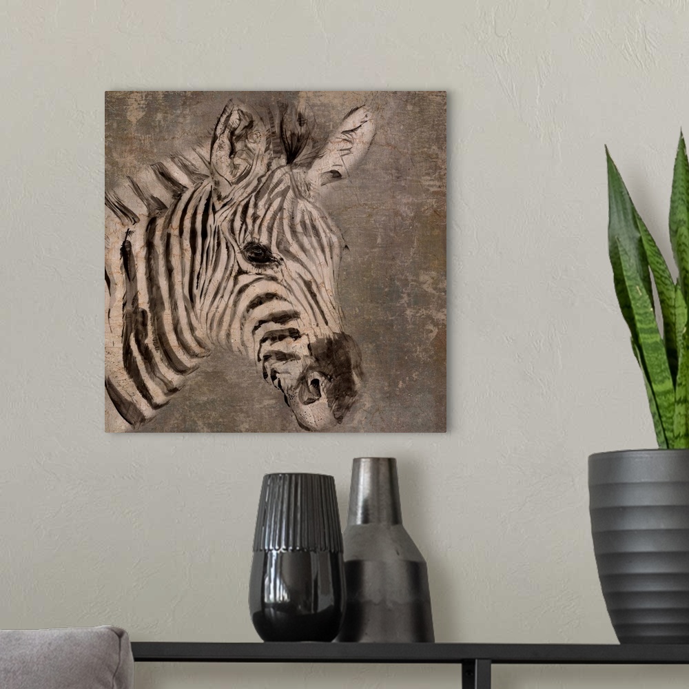 A modern room featuring Contemporary artwork of a zebra against a brown textured surface.