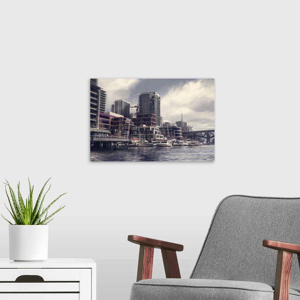 A modern room featuring Painting of waterfront city inspired by Vancouver, BC.