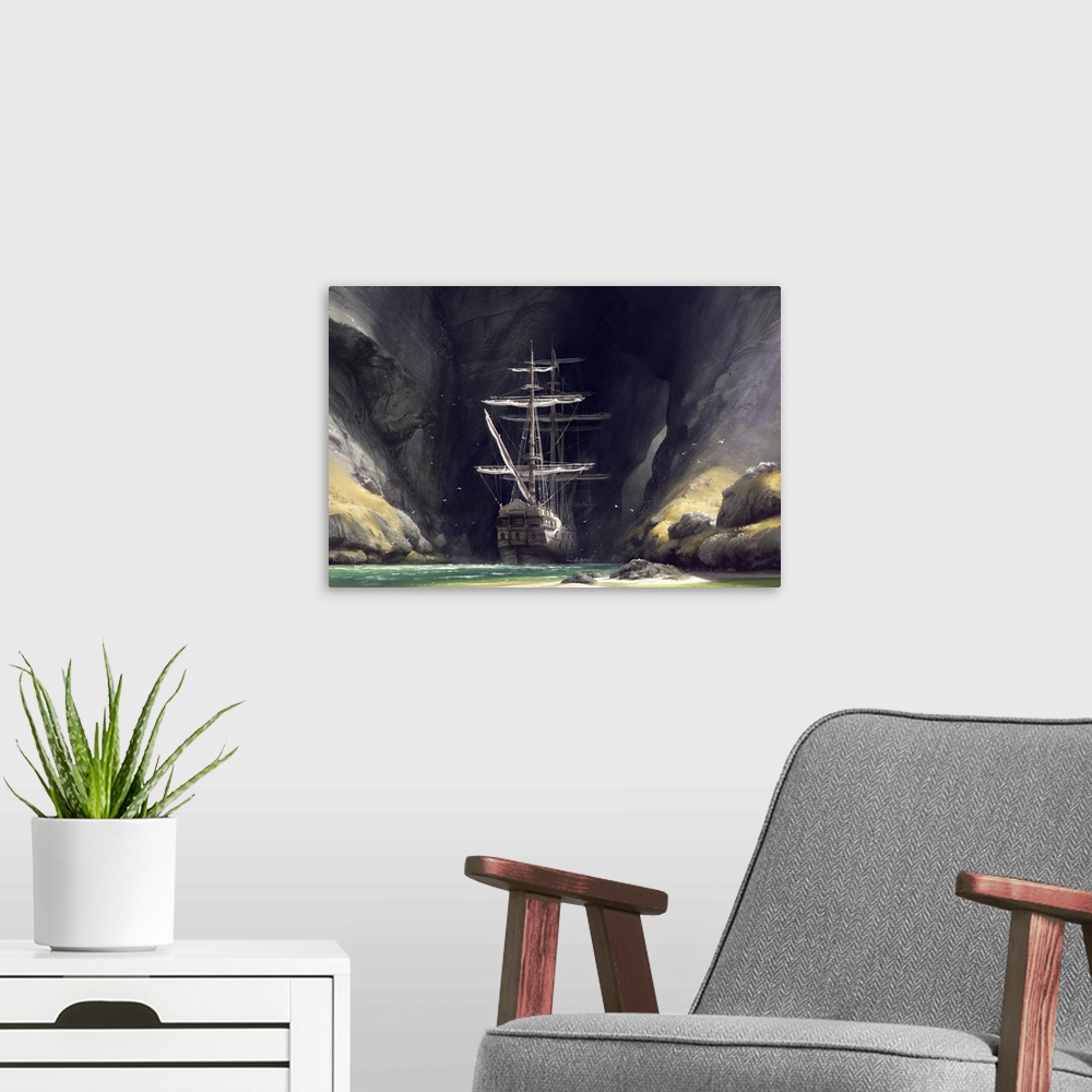 A modern room featuring Painting of a pirate ship exploring a large coastal cave.