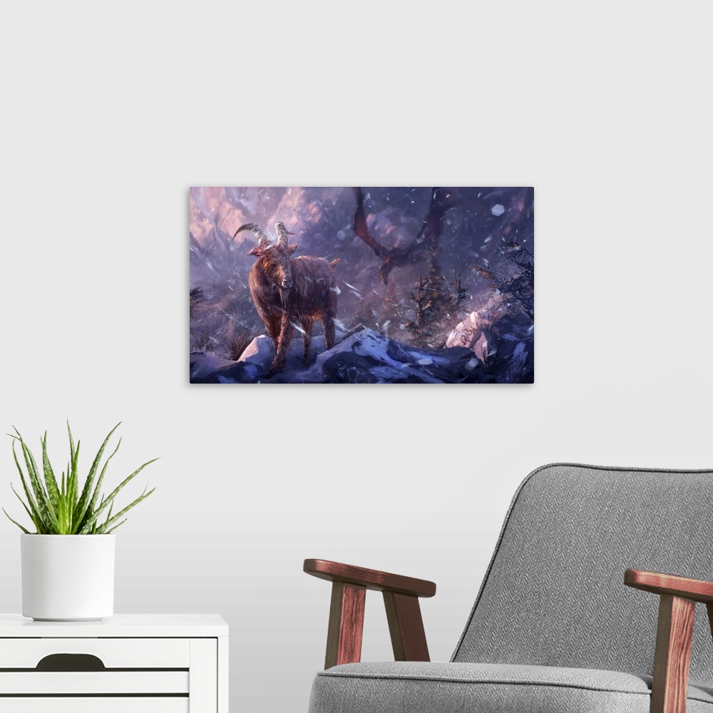 A modern room featuring Painting of goat at dawn, dragon in background ready to swoop.