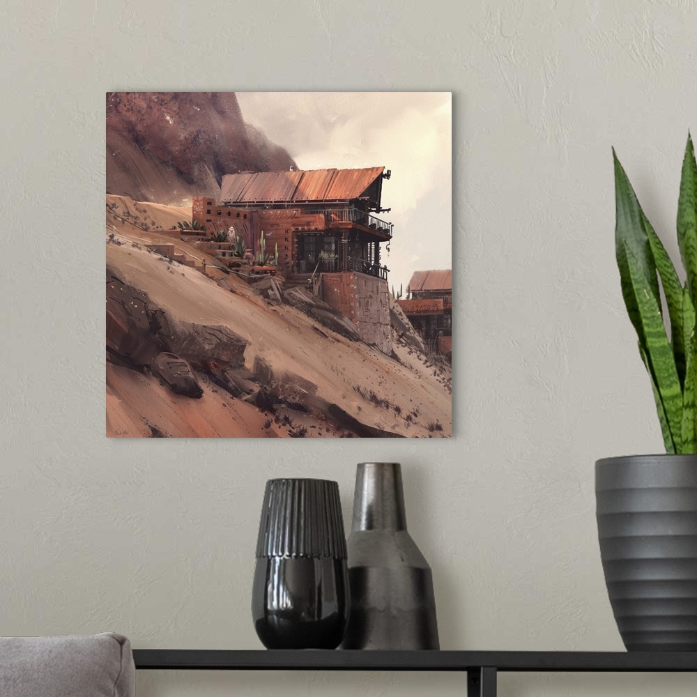 A modern room featuring Painting of a house in the desert on steep sandy hill.