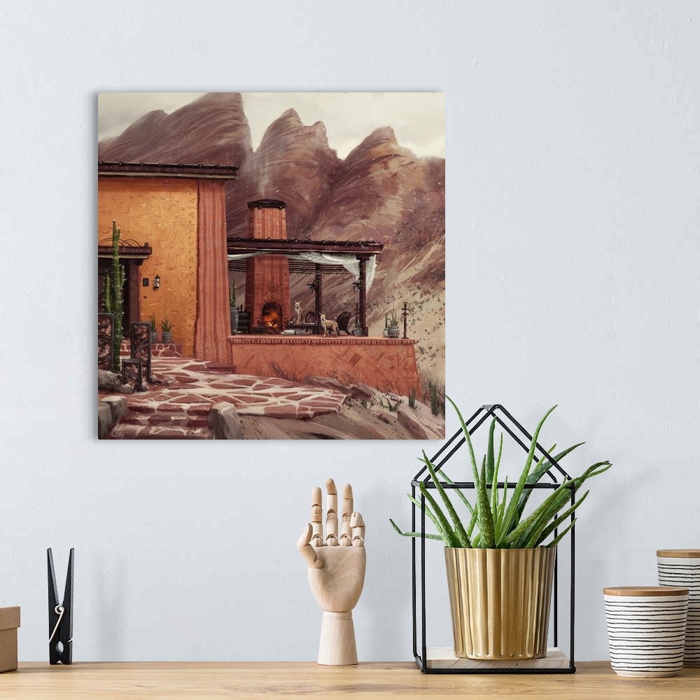 A bohemian room featuring Painting of a house in red desert.