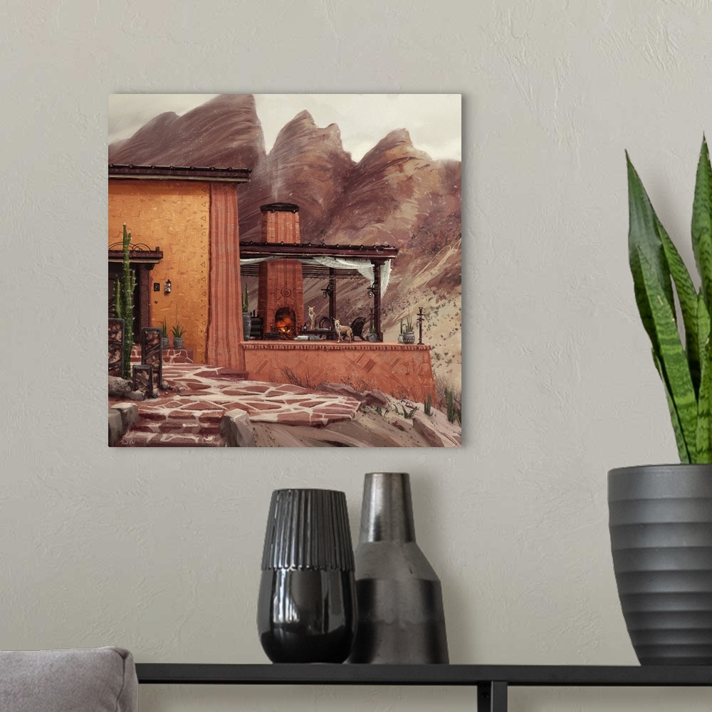 A modern room featuring Painting of a house in red desert.