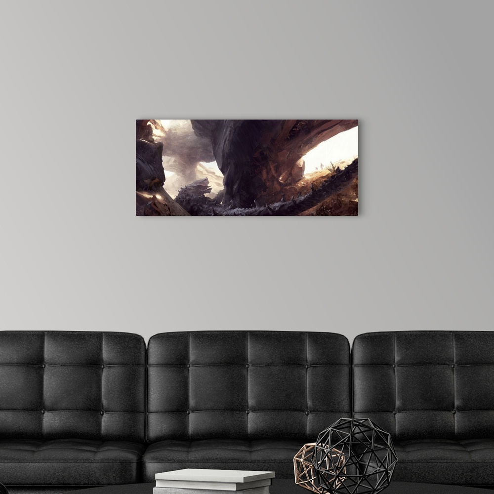 A modern room featuring Painting of an ancient desert creature encountered by explorers.