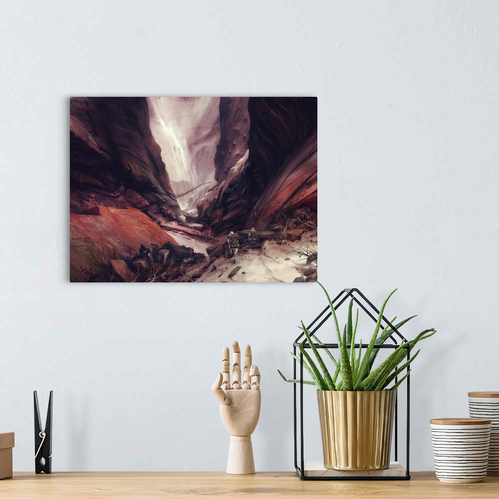 A bohemian room featuring Explorers catching glimpse of large creature in a desert canyon.