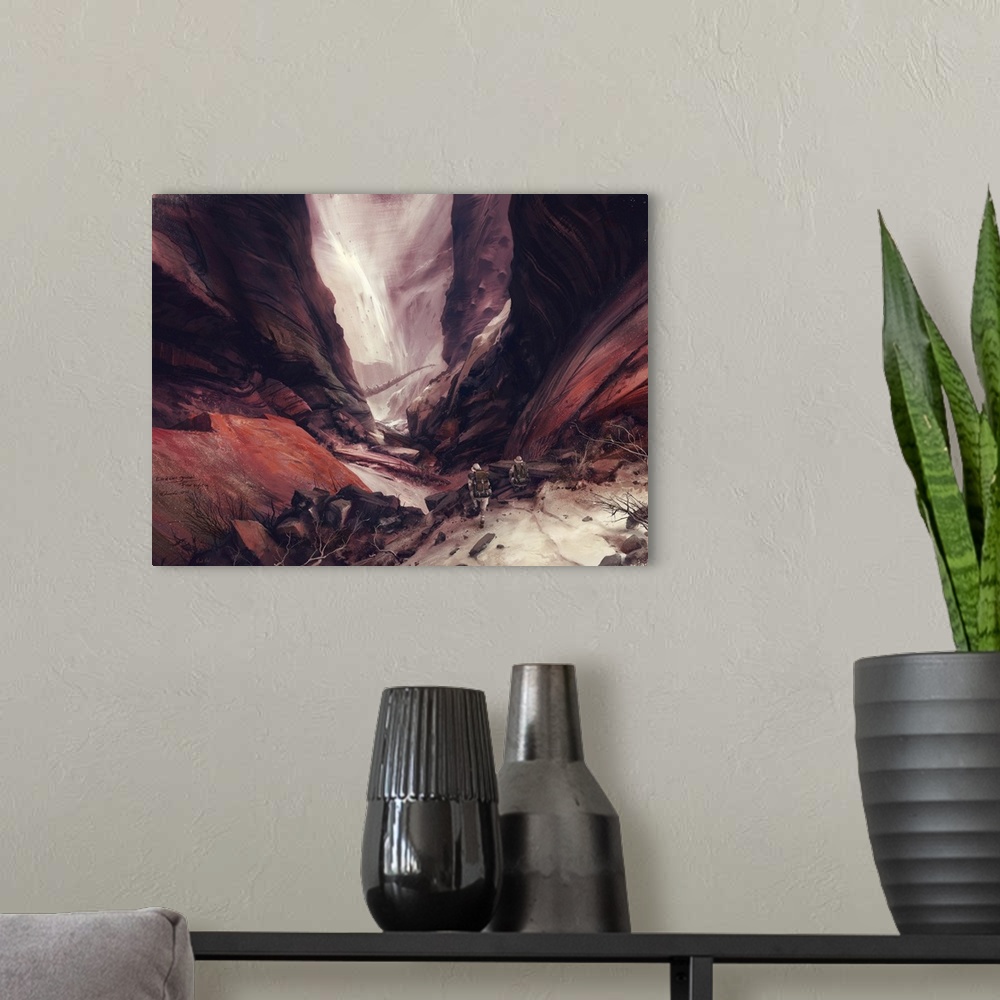 A modern room featuring Explorers catching glimpse of large creature in a desert canyon.