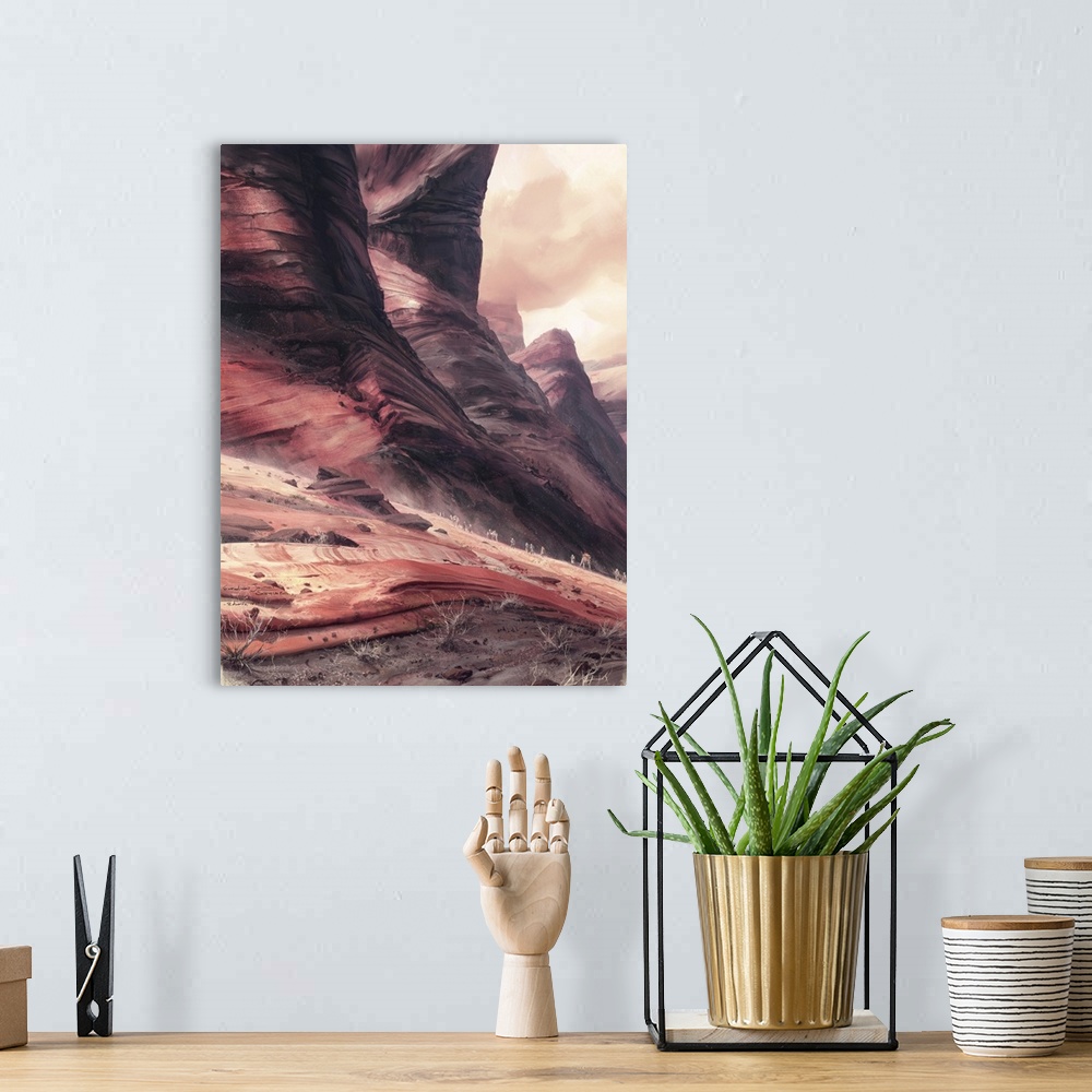 A bohemian room featuring Painting of explorers finding a way into a desert canyon.