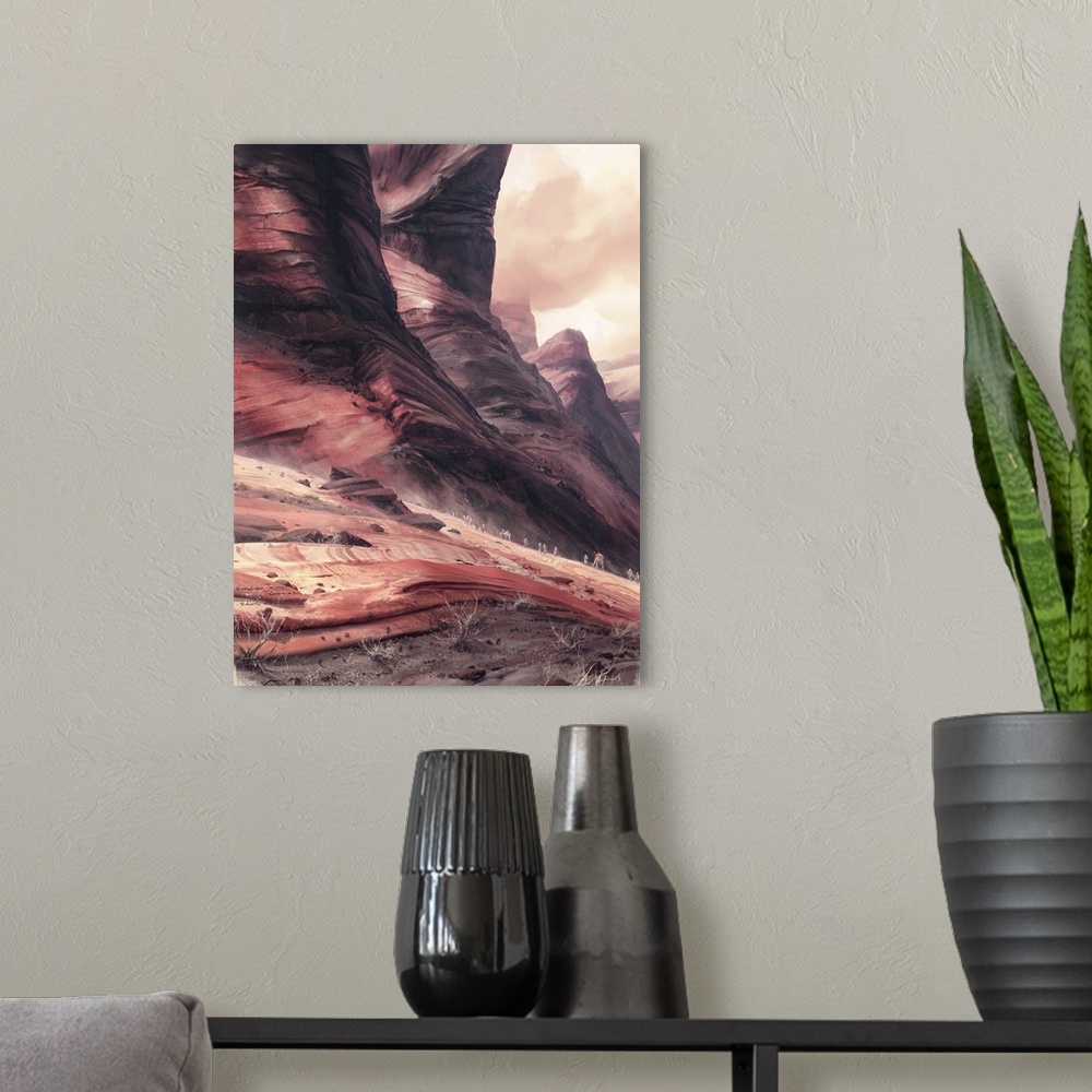 A modern room featuring Painting of explorers finding a way into a desert canyon.