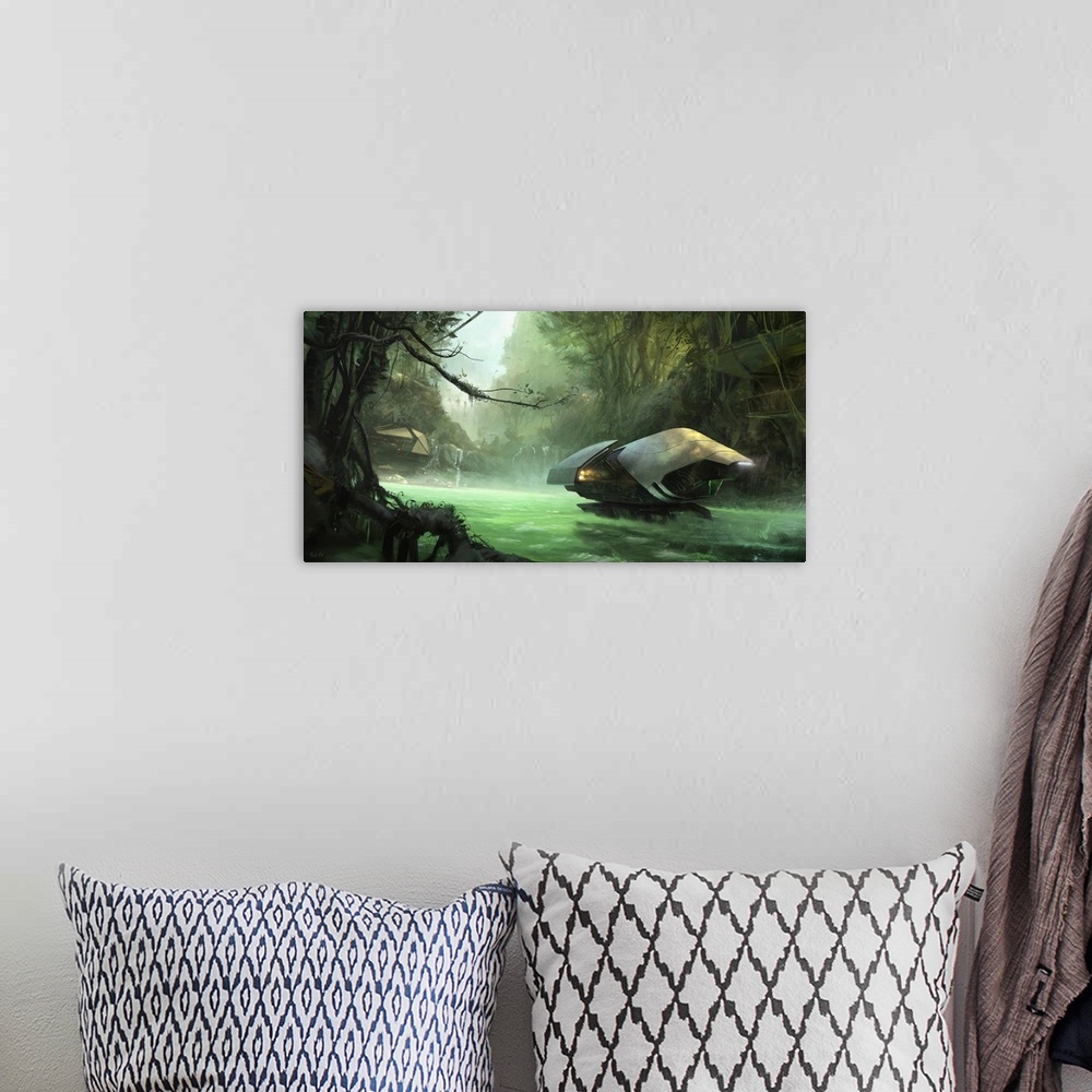 A bohemian room featuring Painting of a sci-fi jungle environment.