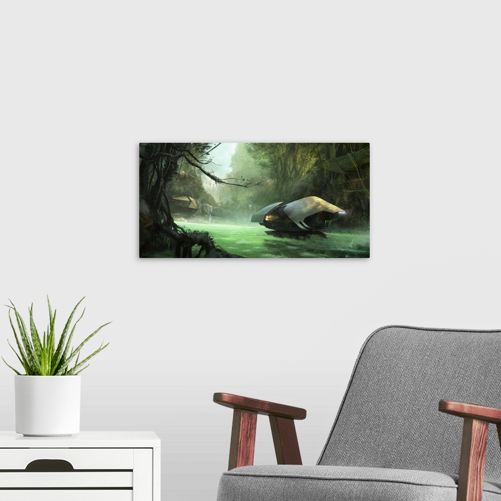 A modern room featuring Painting of a sci-fi jungle environment.