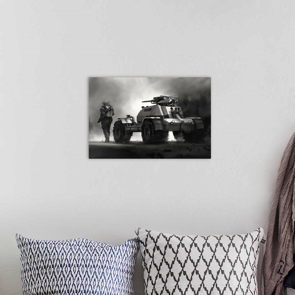 A bohemian room featuring Concept painting of an armored scout vehicle.