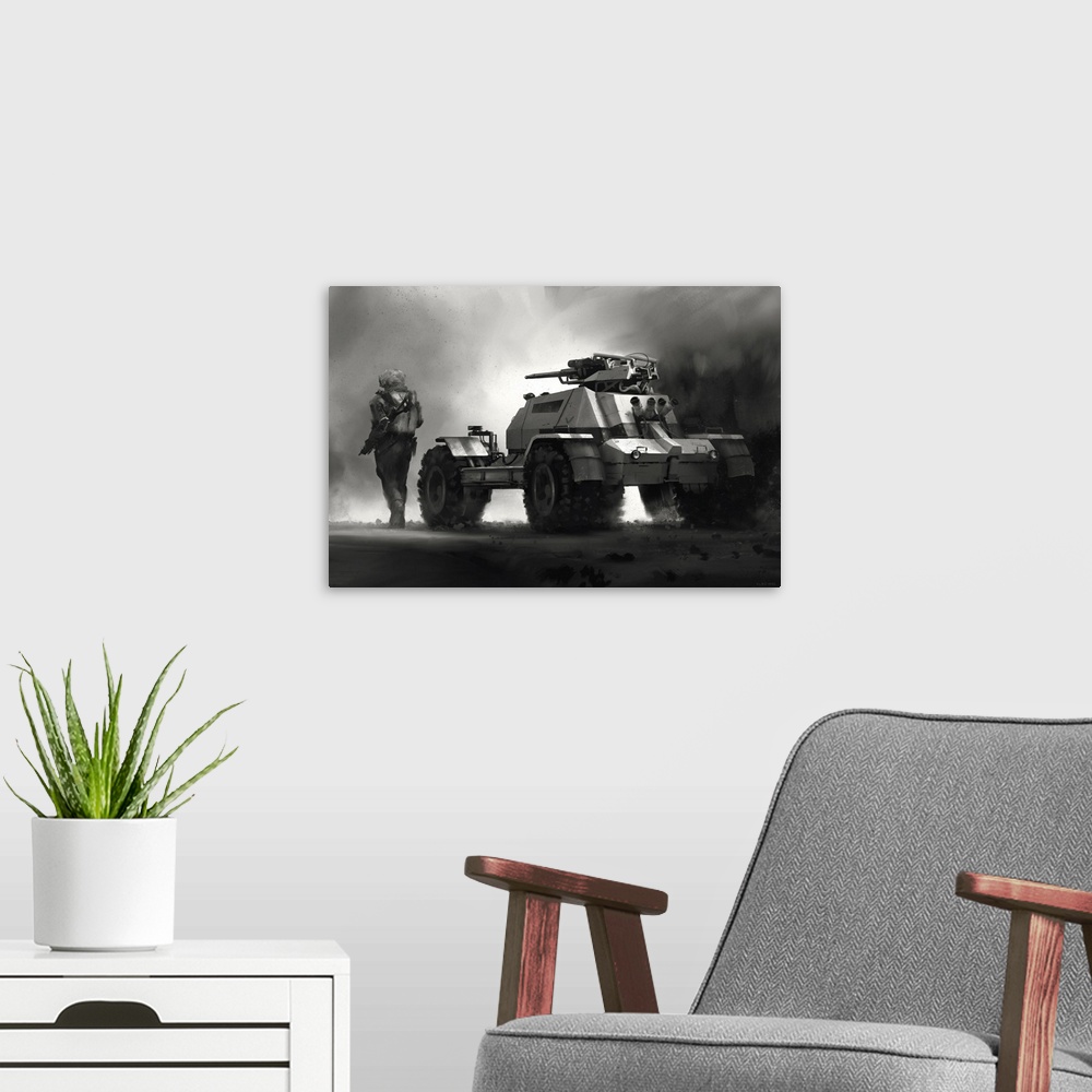 A modern room featuring Concept painting of an armored scout vehicle.