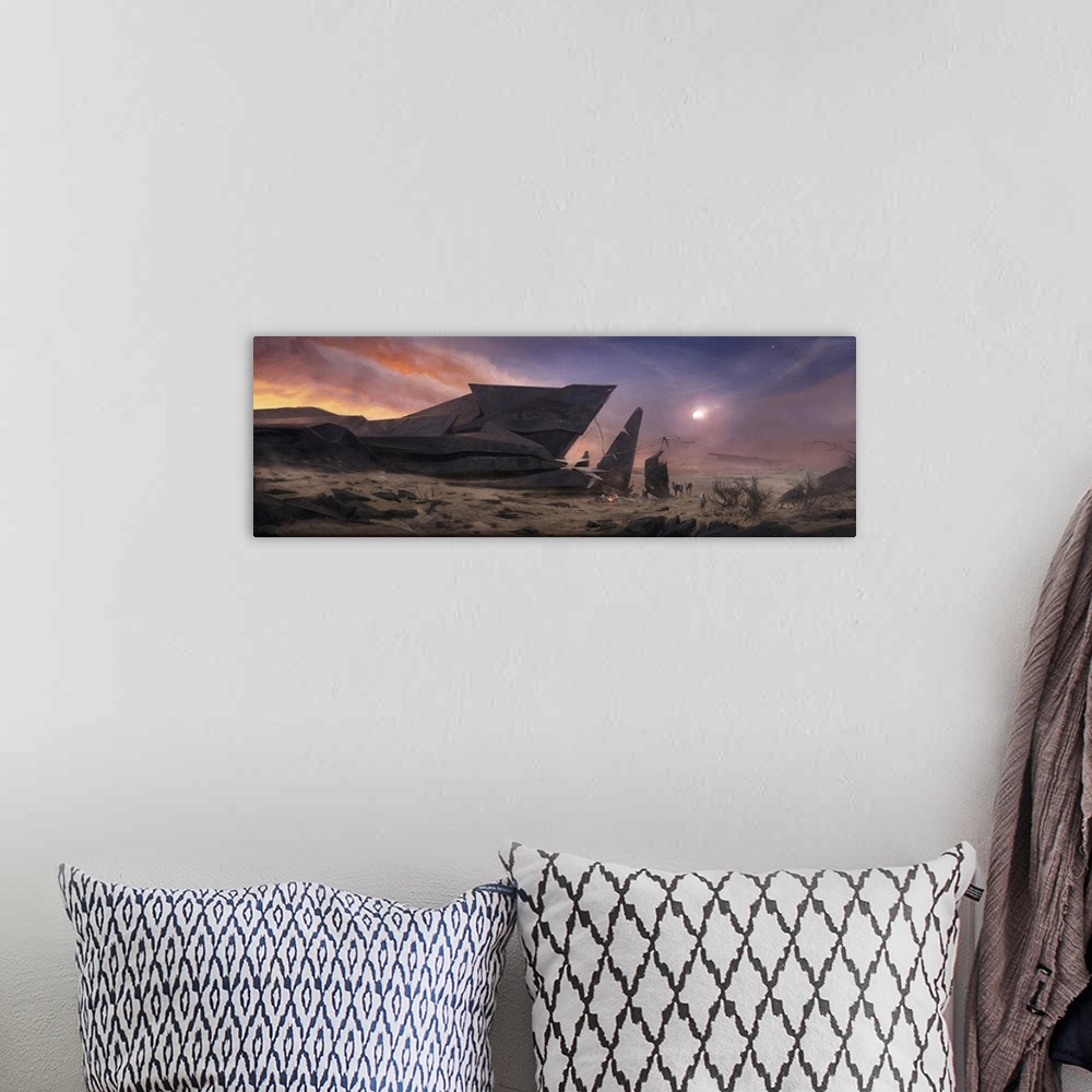 A bohemian room featuring Painting of nomads camping near an abstract structure in the desert.