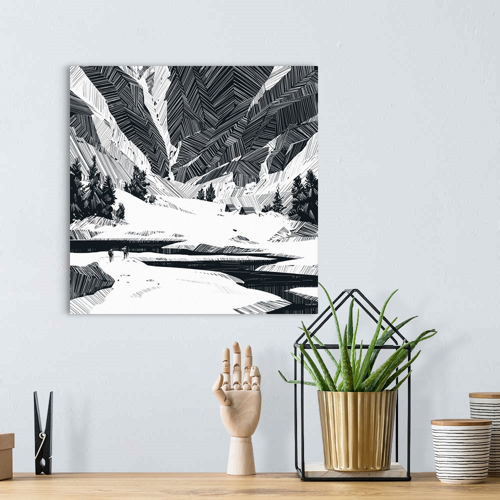 A bohemian room featuring Stylized monochrome sketches of climbers in mountain landscapes.